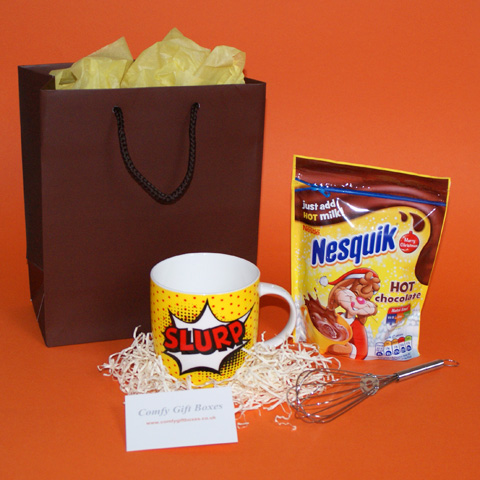 Nesquik hot chocolate present for boys, fun chocolate gifts for him, gift ideas for young boys, get well gift ideas for boys